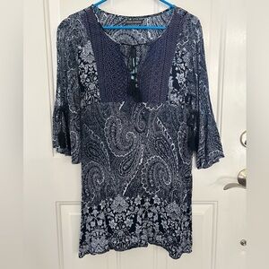 Chelsea & Theodore Navy Blue Paisley Women's Tunic Top Size Small